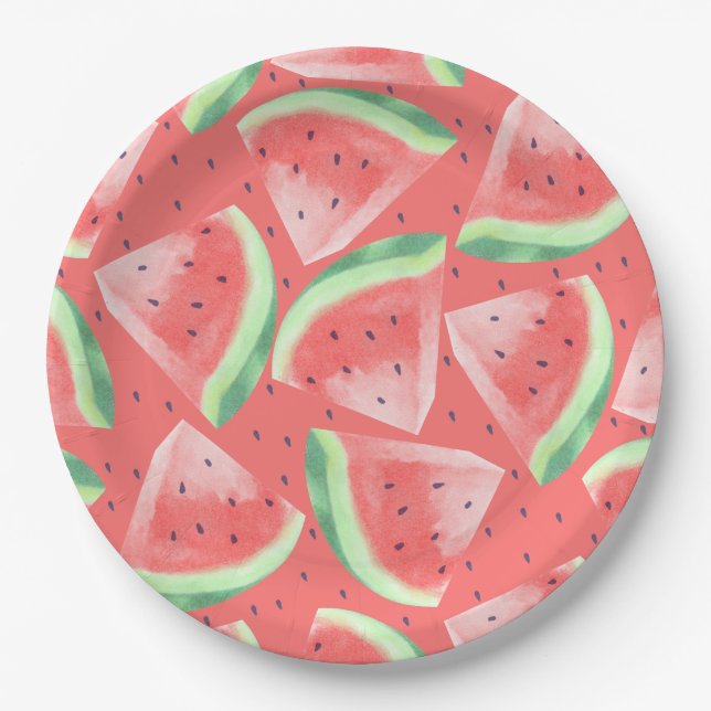 Cute Summer Kawaii Watercolor Watermelon Paper Plate (Front)
