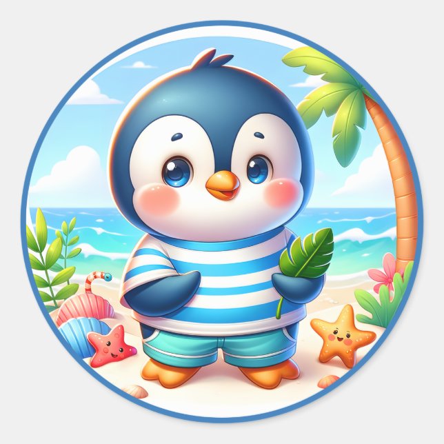 Cute Summer penguin lovers beach Classic Round Sticker (Front)