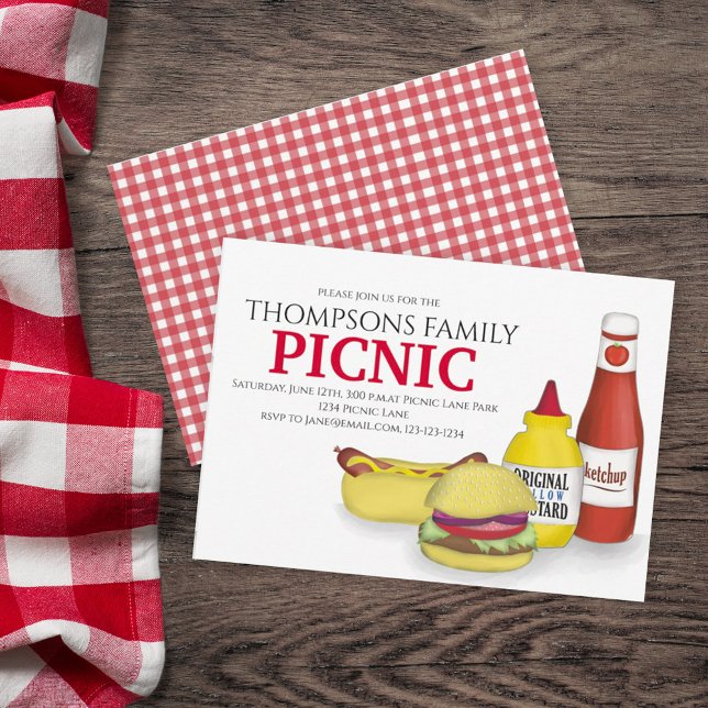 Cute Summer Picnic Trendy Cookout Whimsical  Invitation (BBQ invitation with Family picnic wording and hand-drawn hamburgers and hotdogs. )