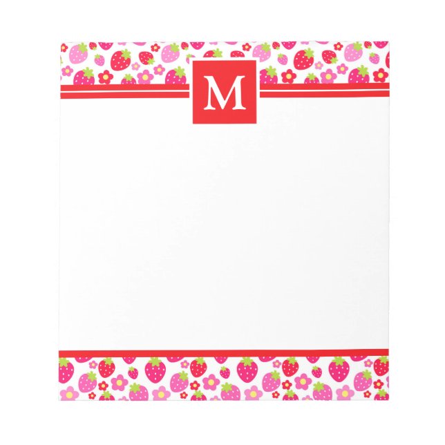 Cute Summer Red & Pink Strawberries Monogram Notepad (Front)