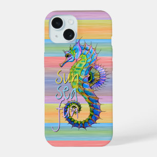 Cute Summer Seahorse Watercolor Stripes Pattern iPhone 15 Case