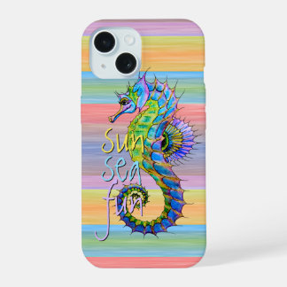 Cute Summer Seahorse Watercolor Stripes Pattern iPhone 15 Case