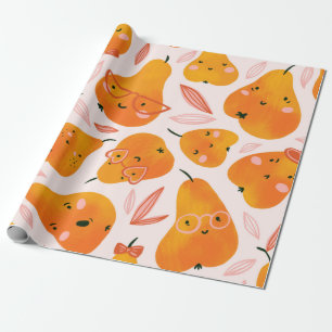 Cute summer seamless pattern with orange pears. Fu Wrapping Paper