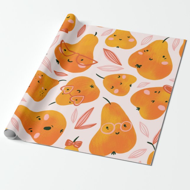 Cute summer seamless pattern with orange pears. Fu Wrapping Paper (Unrolled)