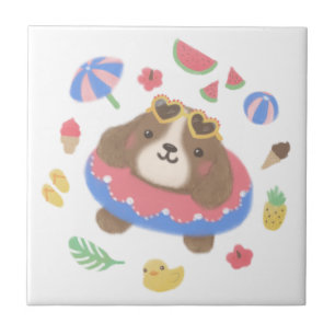 Cute Summer Spaniel Dog Illustration Ceramic Tile