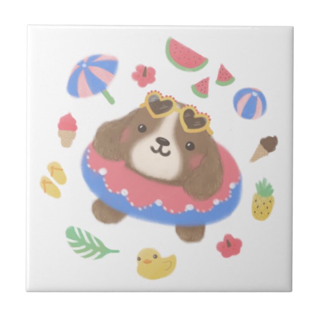 Cute Summer Spaniel Dog Illustration Ceramic Tile (Front)