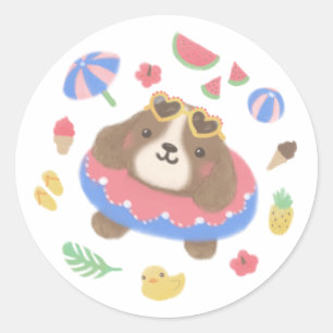 Cute Summer Spaniel Dog Illustration Classic Round Sticker