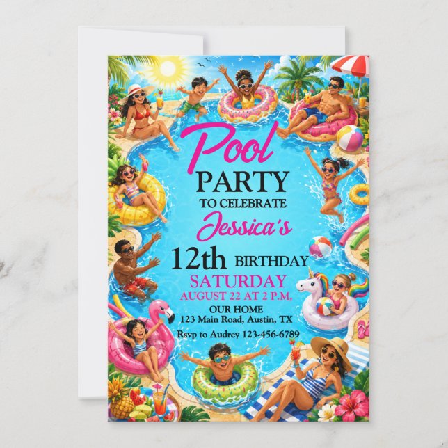 Cute Summer Splash Pool Party Birthday Invitation (Front)