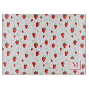 Cute Summer Strawberries & Blossoms Monogram Cutting Board
