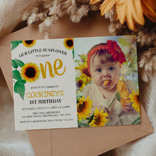 Cute Summer Sunflower 1st Birthday   Turning One Invitation