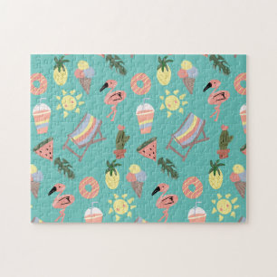 Cute Summer Themed Tropical Flamingo Beach Jigsaw Puzzle