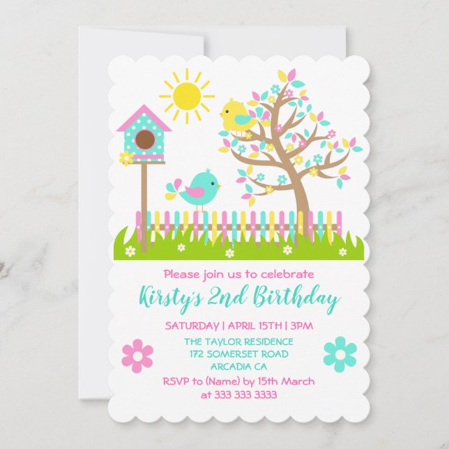 Cute Summer Tree Flowers Birds Birthday Party Invitation (Front)