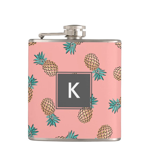 cute summer tropical faux gold pineapple pattern hip flask (Front)