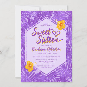 Cute Summer Tropical Purple Floral Sweet Sixteen Invitation