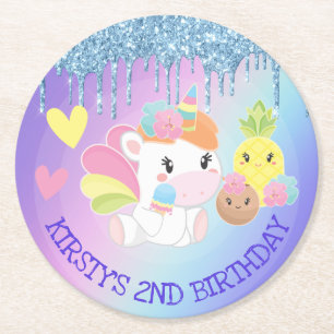 Cute Summer Unicorn & Glitter Birthday Round Paper Coaster