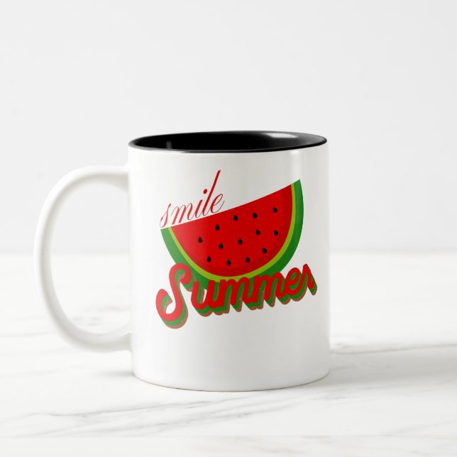 Cute summer Vacay Mode chil watermelon Two-Tone Coffee Mug (Left)