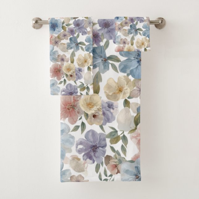 Cute Summer Watercolor Floral Pattern  Bath Towel Set (Insitu)