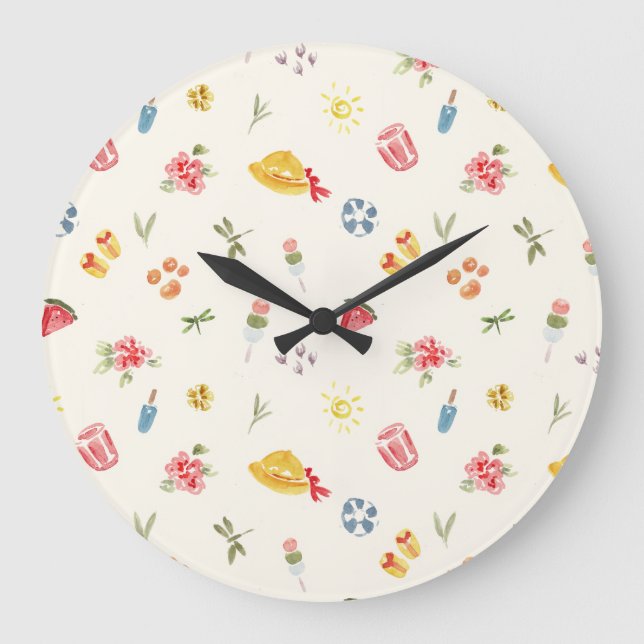Cute Summer Watercolor: Watermelon, Dango & Sun Large Clock (Front)