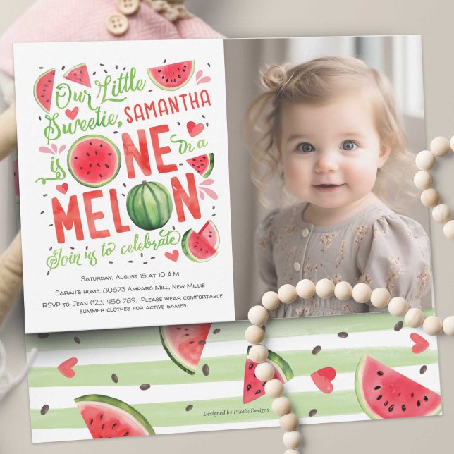 Cute Summer Watermelon Fruit Girl 1st Birthday Pho Invitation (Summer Cute Red Watercolor One In a Melon, Watercolor Themed Girl 1st Birthday Photo Invitation. )