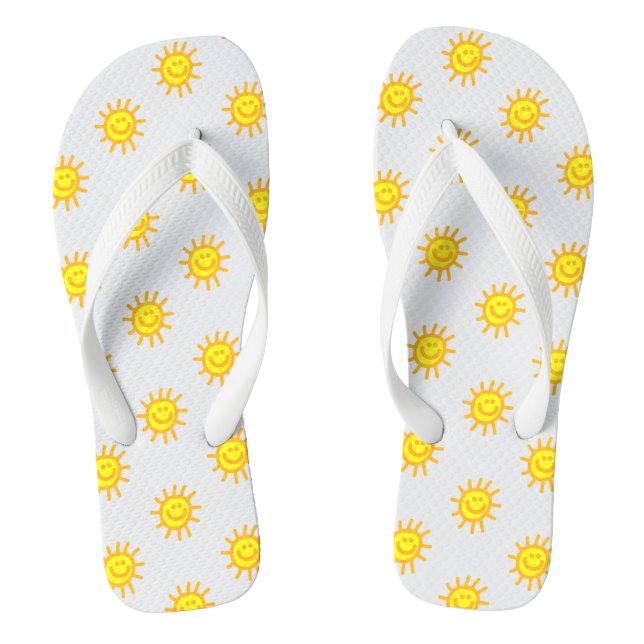 Cute Summertime Happy Face Sun Pattern White Thongs (Footbed)