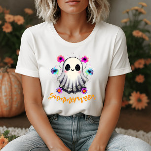 Cute Summerween Ghost Neon Flowers T-Shirt