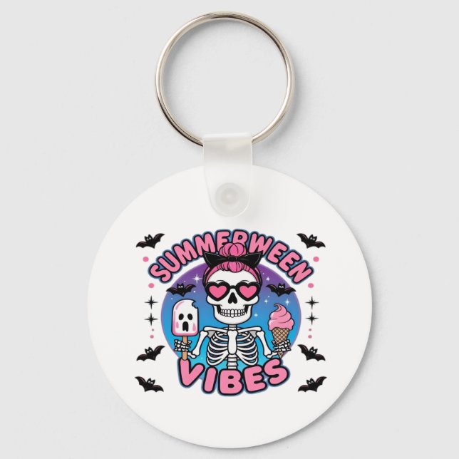 Cute Summerween Vibes Skeleton IceCream Summer Vac Key Ring (Front)
