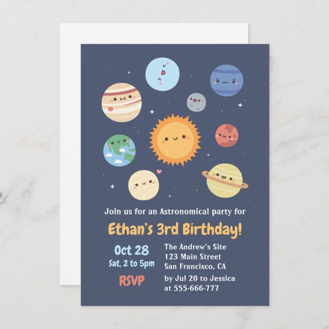 Cute Sun And Planets Space Birthday Invitation (Front/Back)