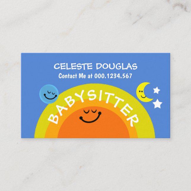 Cute Sun Babysitting Earth Moon Starts Babysitter Business Card (Front)