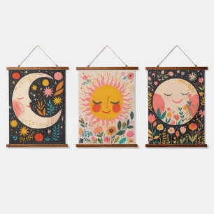 Cute Sun & Moon Boho Floral Illustration Hanging Tapestry