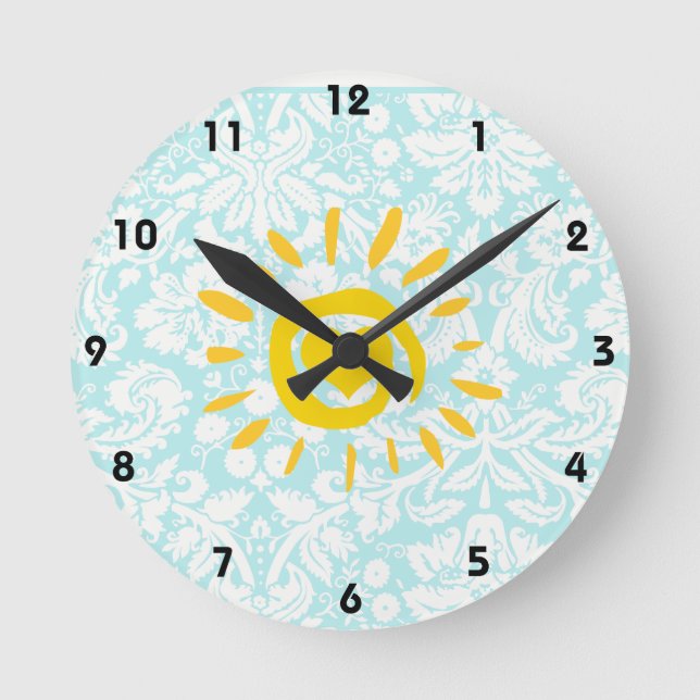 Cute Sun; Teal Damask Round Clock (Front)