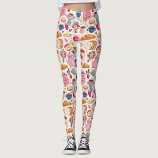 Cute Sunday Breakfast Pattern | Coffee Croissant F Leggings