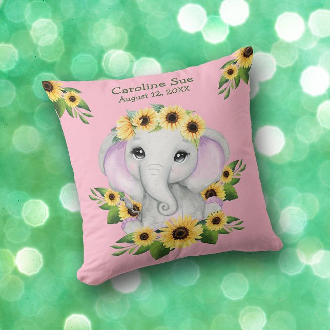 Cute Sunflower Baby Elephant Girl Throw Pillow (Creator Uploaded)