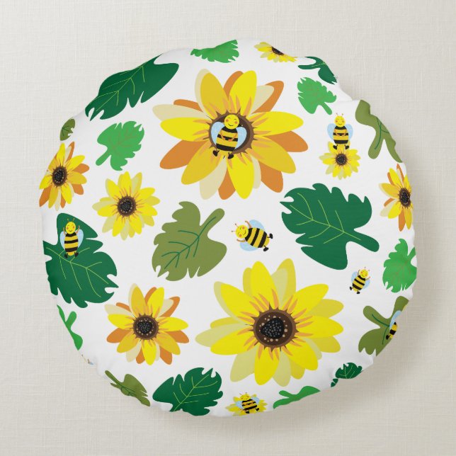 Cute Sunflower Bee Round Cushion (Back)