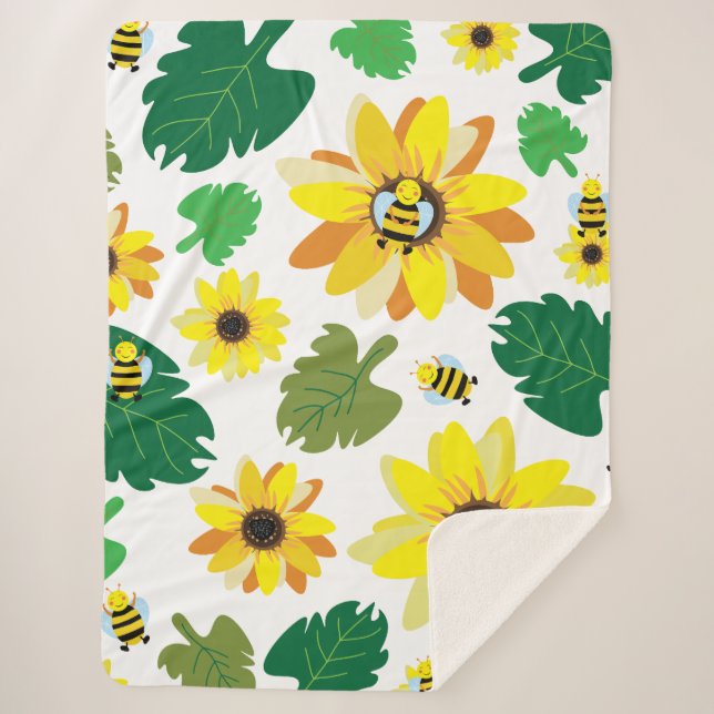 Cute Sunflower Bee Sherpa Blanket (Front)