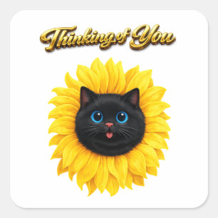 Cute Sunflower Black Cat Face Thinking of You Square Sticker
