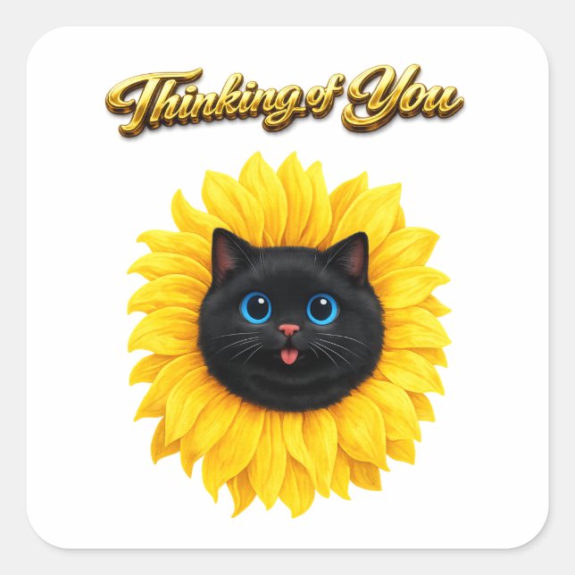 Cute Sunflower Black Cat Face Thinking of You Square Sticker (Front)