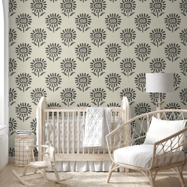 Cute Sunflower Block Print Charcoal Black & Beige Wallpaper (Kids)
