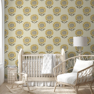 Cute Sunflower Block Print in Mustard & Beige Wallpaper