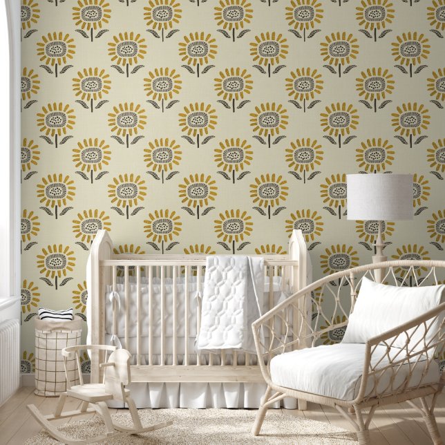 Cute Sunflower Block Print in Mustard & Beige Wallpaper (Kids)