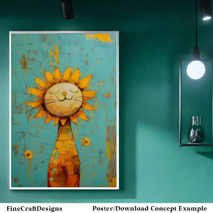 Cute Sunflower Cat Enjoying The  Sun Painting C5R Poster