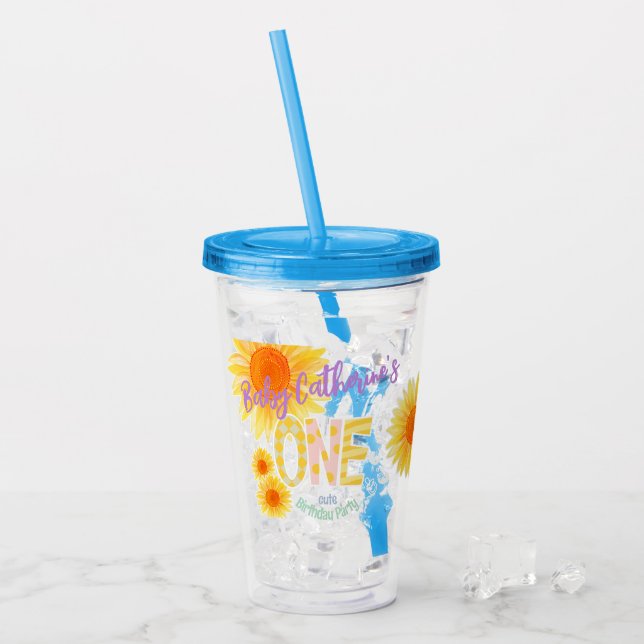 Cute Sunflower First Birthday  Acrylic Tumbler (Front Ice)