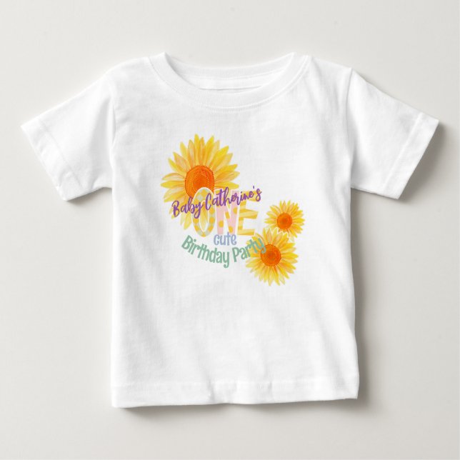 Cute Sunflower First Birthday  Baby T-Shirt (Front)