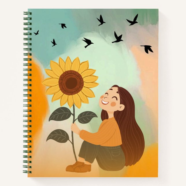 Cute Sunflower Girl Notebook – Aesthetic Journal (Front)