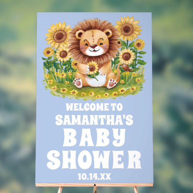 Cute Sunflower Lion Blue Baby Shower Welcome Acrylic Sign (Neutral)