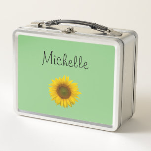 Cute Sunflower Monogram Green Metal Lunch Box