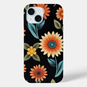 Cute Sunflower Pattern on Black Background iPhone 15 Case