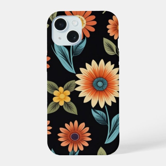 Cute Sunflower Pattern on Black Background iPhone 15 Case (Back)