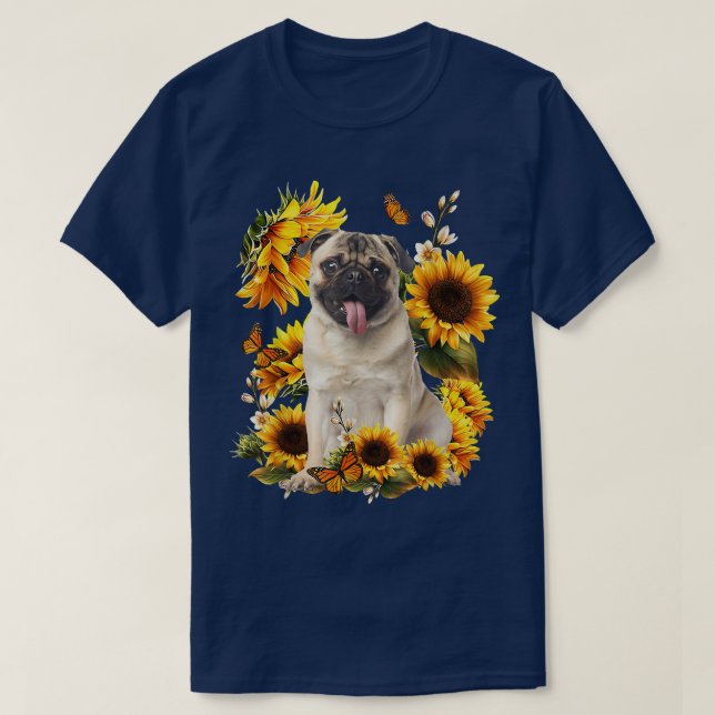 Cute Sunflower Pug Dog Dad Mum Father's Day Lover  T-Shirt (Design Front)