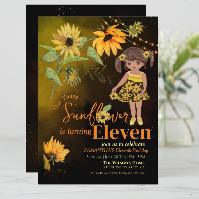 Cute Sunflower Watercolor Girl Black Birthday  Invitation (Cute Sunflower Watercolor Girl Black Birthday Invitation)