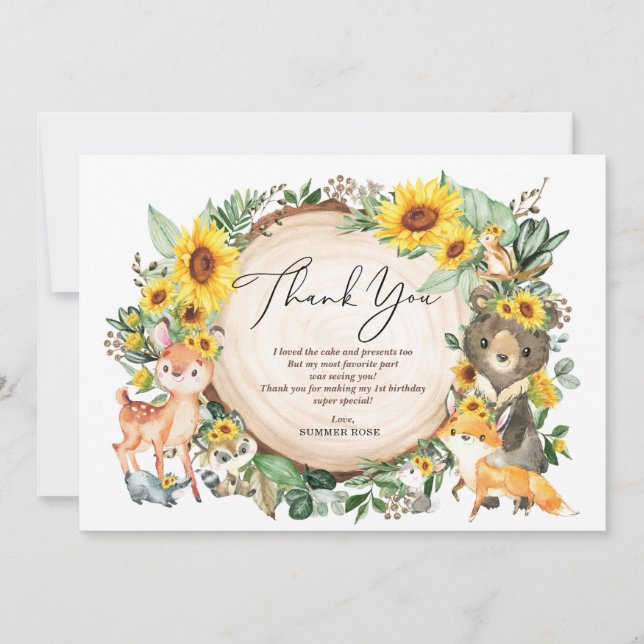Cute Sunflower Woodland Animals Birthday Thank You Card (Front)